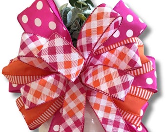 Orange and Pink Summer Wreath Bow, Lantern Bow, Spring and Summer Bow, Home Decor, Front Door Decor, Porch Decoration, Door Hanger Bow