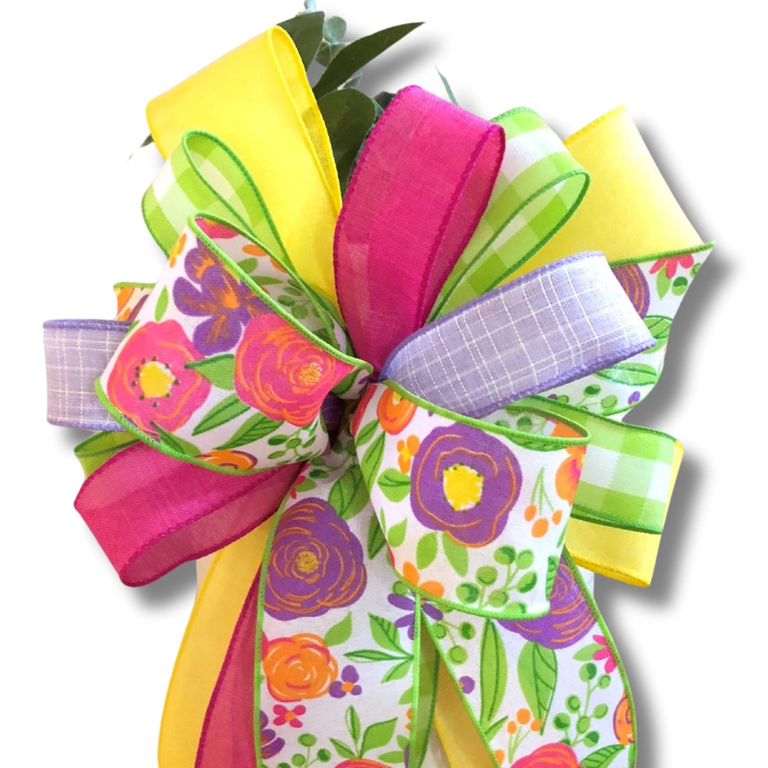 Floral Wreath Bow, Spring Front Door Decor, Bright Floral Lantern Bow ...