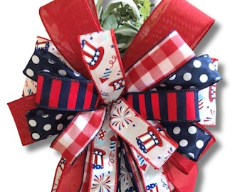 July 4th Wreath Bow, Patriotic Front Door Decor, Memorial Day Red White Blue Bow, 4th of July Mailbox Bow, USA Decor, Patriotic Lantern Bow