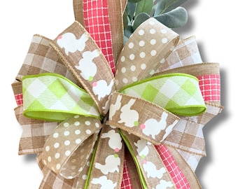 Spring Bunny Wreath Bow, Pink and Green Bunny Bow, Porch Decor, Easter Lantern Bow, Front Door Bunny Decor, Spring Bow, Bows for Decorating