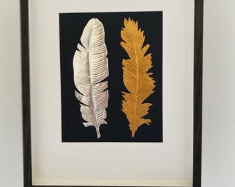 Feathers, frame, metal art decor, embossing, art wall, home decor, handmade, repujado, trendy accent, Art Deco, decoration, golden, silver.