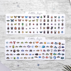 May include: Two sheets of stickers featuring illustrations of insects and fish. The top sheet has a variety of colourful butterflies and beetles. The bottom sheet has a variety of colourful fish. Both sheets have the text "little bujo" in the top left corner.