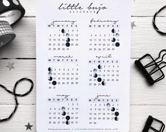 May include: A sticker sheet with a calendar design for January to June. Each month shows days, dates, and moon phases. The text "little bujo stickers" is at the top. The Etsy shop name is at the bottom.