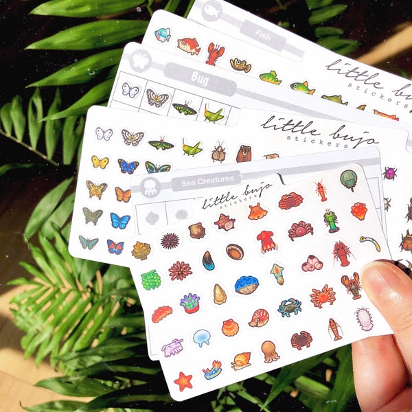Animal Crossing Critterpedia Sticker Sheet, ACNH Insects Fish Sea Creatures Sticker Set