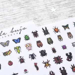 May include: A sheet of stickers featuring various insects and butterflies. The stickers are colourful and feature a variety of designs, including ladybugs, beetles, butterflies, and dragonflies. The sheet is labelled "little bujo stickers".