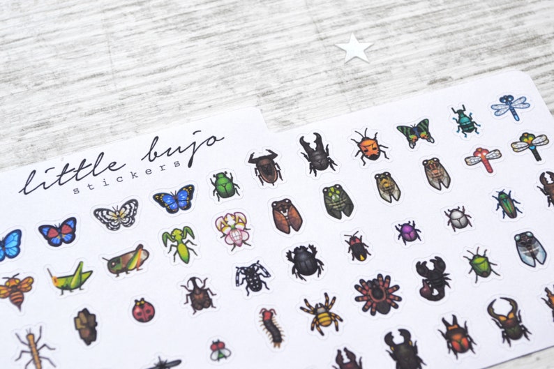 May include: A sheet of stickers featuring various insects and butterflies. The stickers are colourful and feature a variety of designs, including ladybugs, beetles, butterflies, and dragonflies. The sheet is labelled "little bujo stickers".