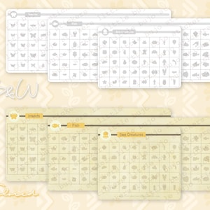 May include: Two sets of printable checklists for Animal Crossing: New Horizons. The top set is in black and white and the bottom set is in colour. Each set includes checklists for insects, fish, and sea creatures.