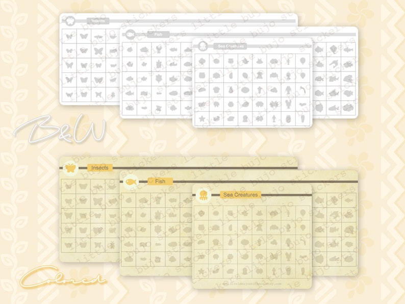 May include: Two sets of printable checklists for Animal Crossing: New Horizons. The top set is in black and white and the bottom set is in colour. Each set includes checklists for insects, fish, and sea creatures.