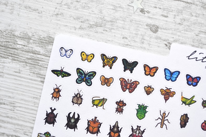 May include: A sheet of stickers featuring various insects and butterflies. The stickers are colourful and feature a variety of designs, including ladybugs, beetles, butterflies, and moths.