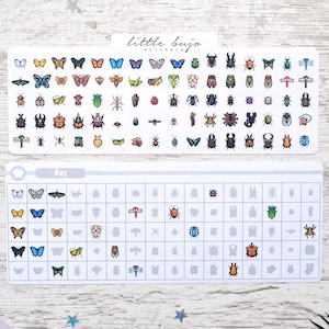 May include: A set of bug stickers featuring a range of colourful insects, including butterflies, beetles and dragonflies. The stickers are arranged in a grid on a white background. The set also includes a sheet with outlines of the bugs for easy placement.