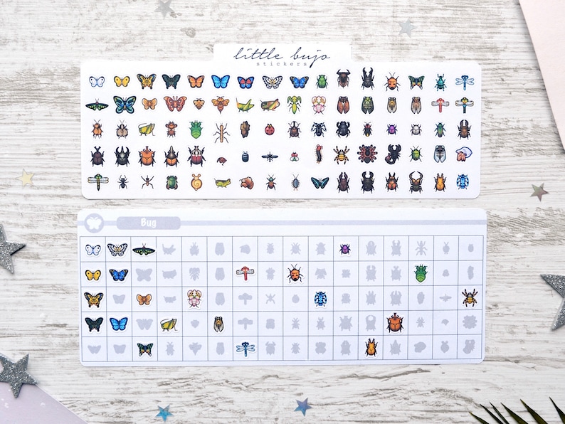 May include: A set of bug stickers featuring a range of colourful insects, including butterflies, beetles and dragonflies. The stickers are arranged in a grid on a white background. The set also includes a sheet with outlines of the bugs for easy placement.