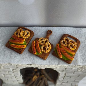 Miniature food for doll. Miniature dollhouse. Pretzels and sausages. Polymer clay food