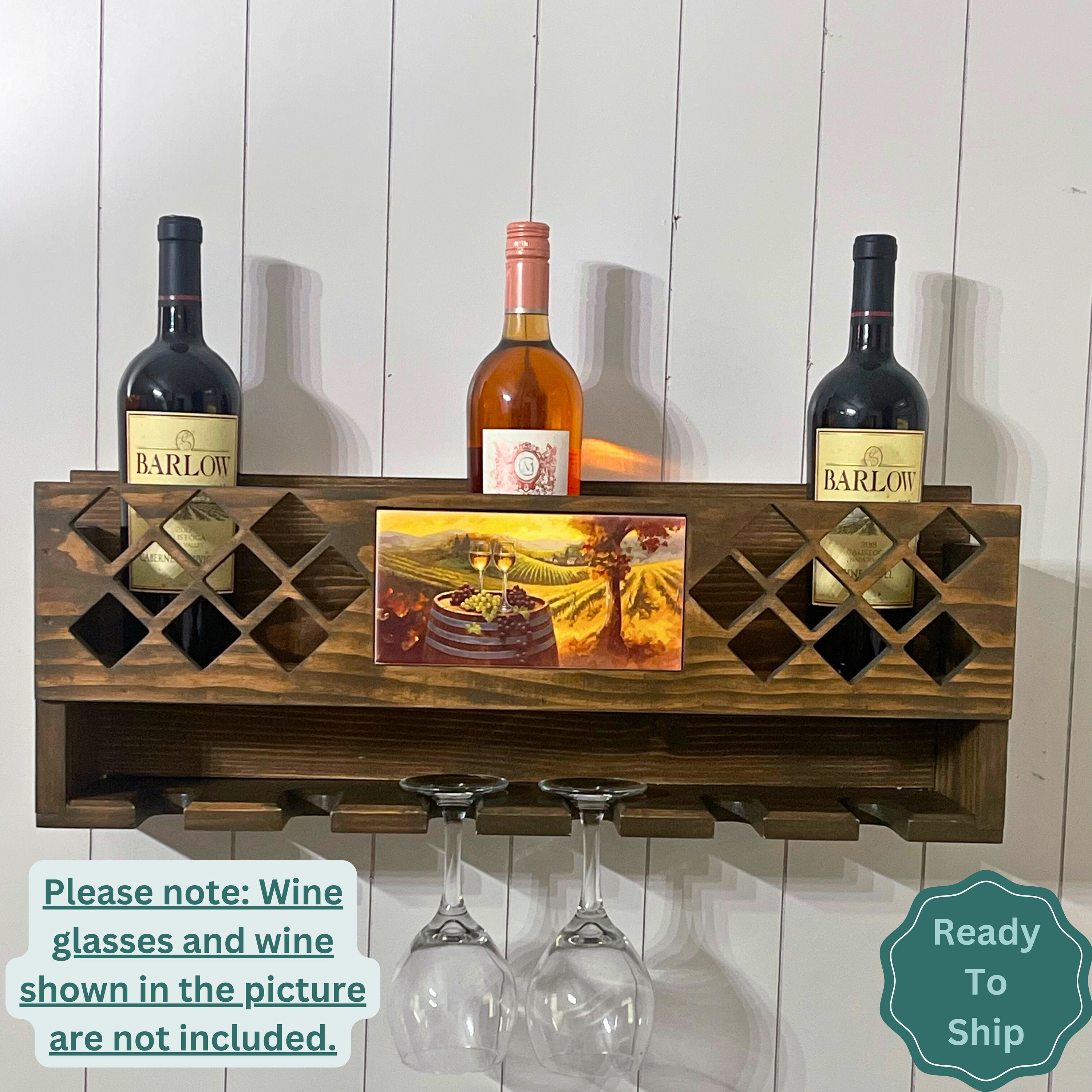 Large Rustic 3-Tier Wall Wine Rack with Glass & Bottle Storage
