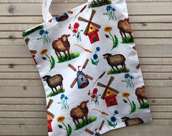 Countryside Cotton tote bag/Farmhouse tote bag/Rustic Shopper/Cute Shopping bag/Sheep tote/Windmills tote/Printed Market bag/Original gift