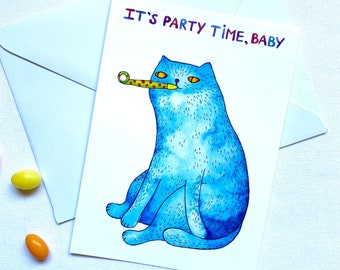 Party time kaart/verjaardag katten ansichtkaart/kat wenskaart/grappige kattenkaarten/kattenliefhebbers kaart/humor katten kaart/kat grappige ansichtkaart/felicitatie