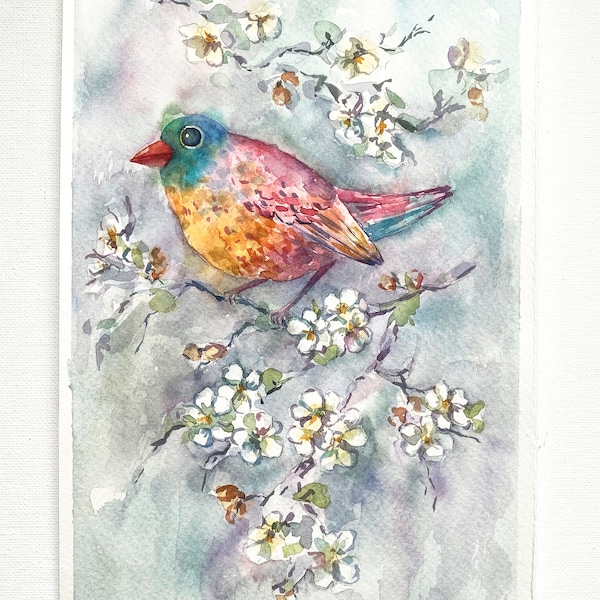 Colorful Bird and Cherry blossom watercolor/Bird Original aquarelle painting/Small Bird watercolor drawing/Original Wall art/Floral painting