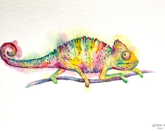 Chameleon original watercolor/Colorful Chameleon/Animal painting/Original artwork/Reptile painting/Kids art/Animal art