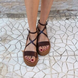 Brown leather platform, Cross strap sandals, Ankle strap sandals, Women birthday gift