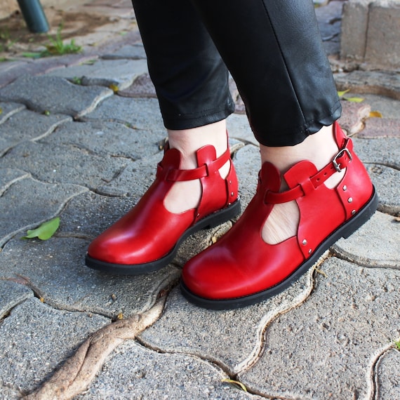 Botines de mujer cuero rojo botas de cuero Oxford botas - Etsy México