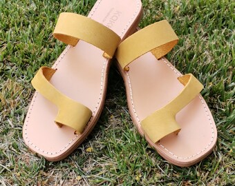 Toe ring flat sandals, Slides flip flops, Handmade greek leather sandals, Summer shoes, Kokkashoes