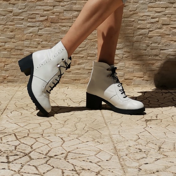 White Women Ankle Boots Lace up Ankle Boots Low Heel Boots - Etsy Canada