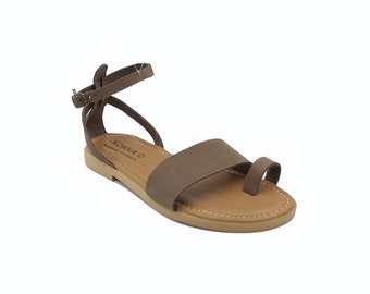 Toe ring women sandals, Ankle strap Flat sandals, Minimalist summer sandals