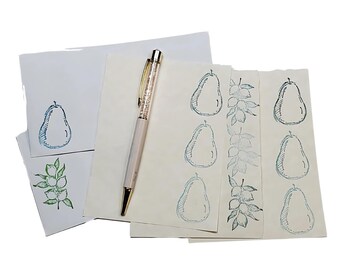 Handstamped Citrus Stationery Set, Pear Lemon Botanical Writing Paper and Envelopes, 5x7 Snail Mail Letter Set, Summer Cottagecore Paper