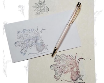 Mouse Floral Stationery Set, Handstamped 5x7 Writing Paper and Envelopes, Cute Snail Mail Letter Set, Whimsical Animal Flower Paper