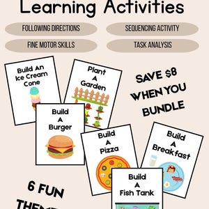 May include: A bundle of learning activities with the text "Build A... Mega Bundle #1 Learning Activities". The bundle includes activities like building an ice cream cone, a garden, a burger, a pizza, breakfast, and a fish tank. The bundle includes the text "Save $8 when you bundle".