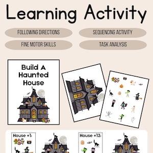Könnte beinhalten: Ein Build A Haunted House Lernaktivitätsset mit bedruckten Blättern, die Illustrationen eines dunklen Herrenhauses, eines Vollmonds und verschiedener Halloween-Figuren für Sequenzierungsaufgaben und zur Förderung der Feinmotorik enthalten.