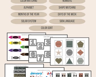 May include: A Busy Book with 9 activity categories, including colour matching, alphabet, and numbers. The book features colourful illustrations for learning shapes, days of the week, months of the year, and sign language. The text "Busy Book" is at the top.