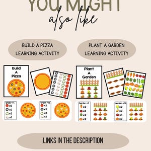 Może przedstawiać: Działanie edukacyjne z motywami pizzy i ogrodu. Zawiera ilustracje składnik&oacute;w pizzy i warzyw ogrodowych. Tekst brzmi "YOU MIGHT also like", "BUILD A PIZZA LEARNING ACTIVITY", "PLANT A GARDEN LEARNING ACTIVITY" i "LINKS IN THE DESCRIPTION".