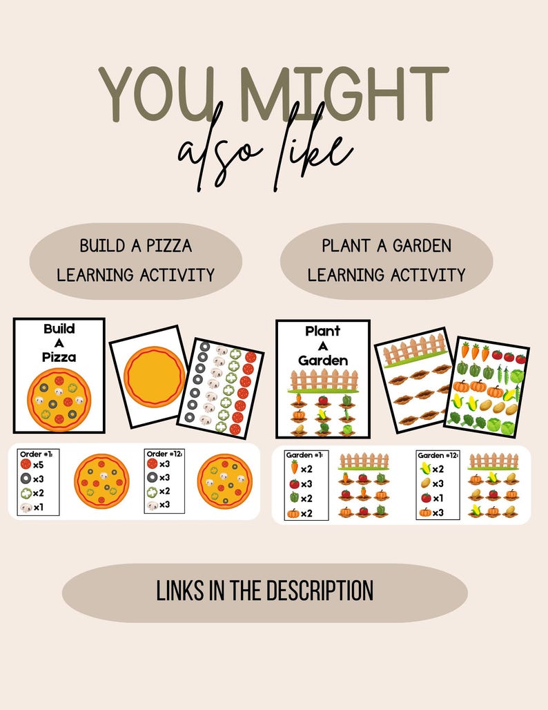 Może przedstawiać: Działanie edukacyjne z motywami pizzy i ogrodu. Zawiera ilustracje składnik&oacute;w pizzy i warzyw ogrodowych. Tekst brzmi "YOU MIGHT also like", "BUILD A PIZZA LEARNING ACTIVITY", "PLANT A GARDEN LEARNING ACTIVITY" i "LINKS IN THE DESCRIPTION".