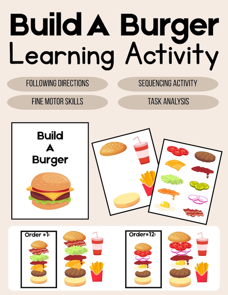 May include: A colorful educational activity titled "Build A Burger Learning Activity" with illustrations of burger components, fries, and a drink. The activity includes instructions, sequencing, and fine motor skills practice. The image shows example burger orders.