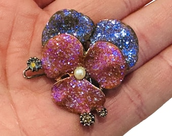 Vintage Gerard Yosca Flower Barrette / Vtg Yosca Glitter Pink Purple Pansies Rhinestone Hair Clip / Vintage Hair Accessories / 1.5" D