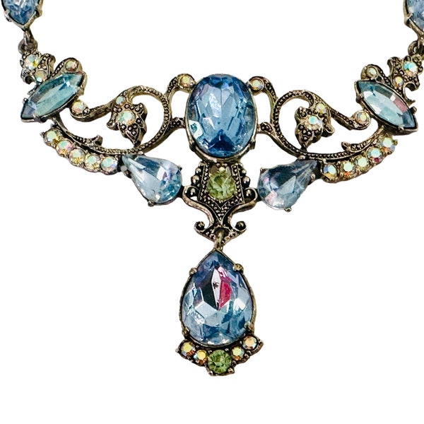 Avon Nina Ricci NR Glamour Statement Necklace / Blue Faceted Crystals / Aurora Borealis Rhinestones / Teardrop Dangle / Silver Scroll Design