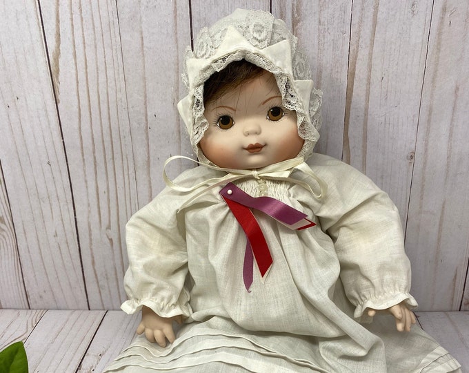 Baby of Liberty Doll 1985-1986, Brown Hair Brown Eyes, Porcelain Baby Doll Girl Original Clothes