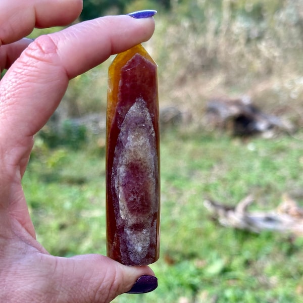 Yellow Fluorite Tower / Cylinder Tower 6 Pointed Obelisk / 119g / 5oz/ 3.75" / Dimensional Banded Ruby Blood / Visually Unique