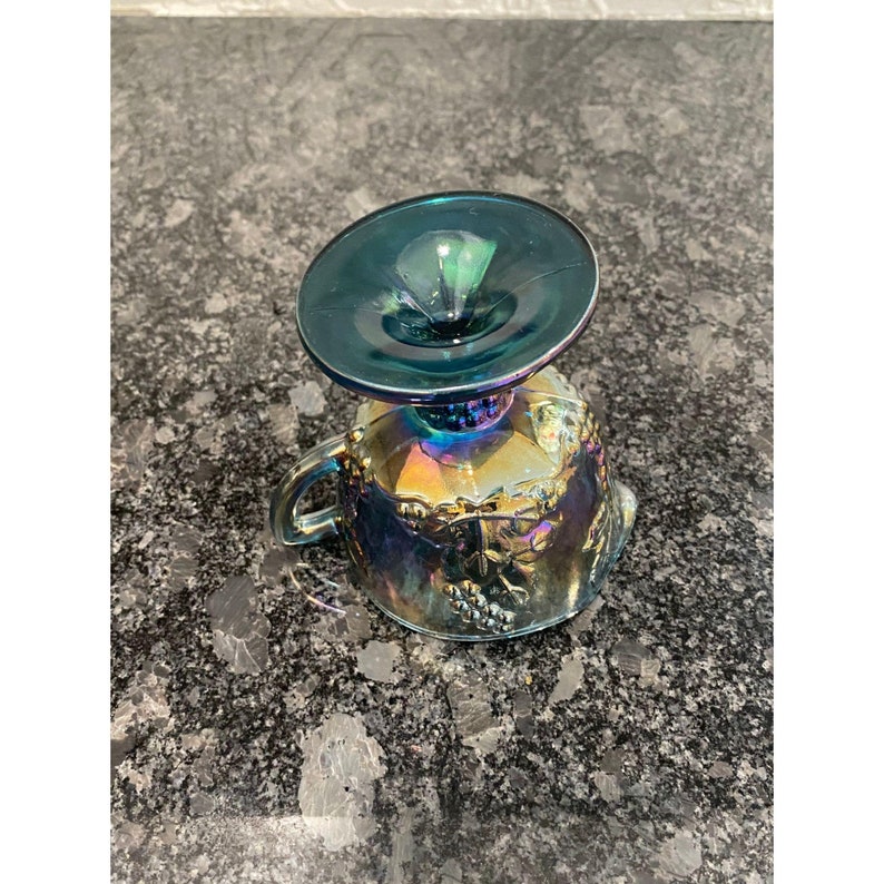 Peacock Blue Glass Carnival Creamer Pitcher Grape Embossed Indiana Glass Footed Vintage Collectible Creamer