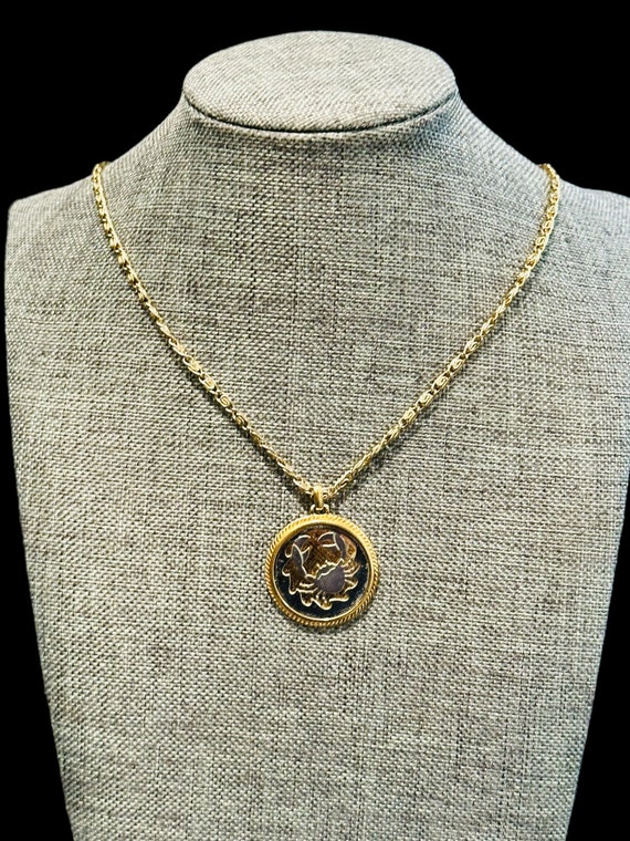 Vtg Cancer Zodiac Pendant Necklace & Gold Tone Sc… - image 2