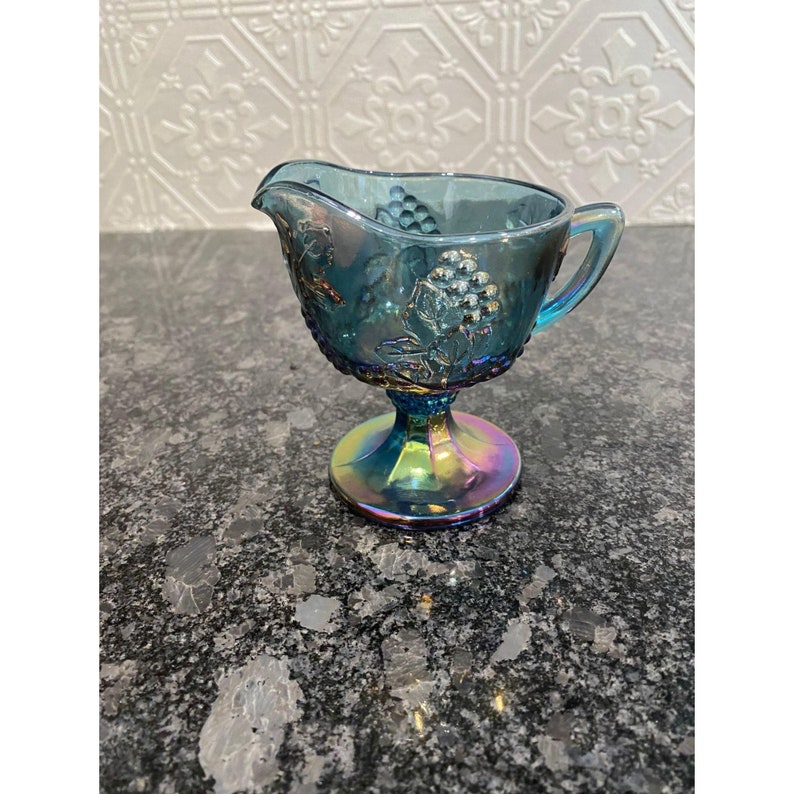 Peacock Blue Glass Carnival Creamer Pitcher Grape Embossed Indiana Glass Footed Vintage Collectible Creamer
