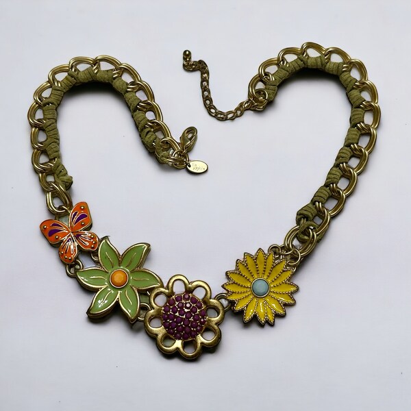 Lia Sophia Flower & Butterfly Colorful Enamel Necklace / Leather Ribbon Wrap / Chunky Link Matte Gold Chain / Statement Jewelry