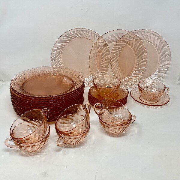 Pink Swirl Arcoroc France Glass Spirale Rosaline Pink Dinnerware Pieces - Sets - Teacups & Saucers, Rimmed Plates - Vintage Pink Dinner Sets