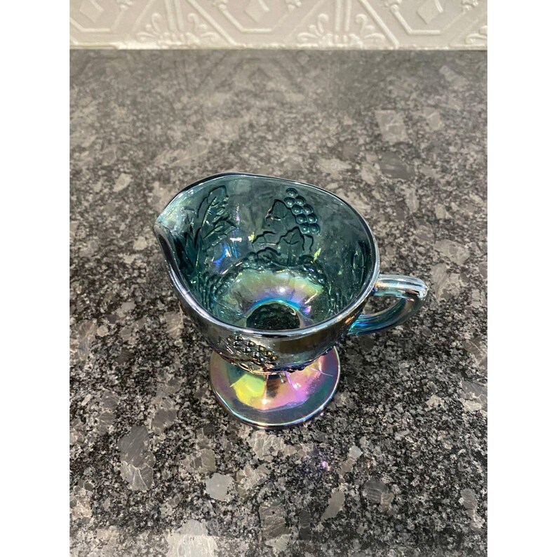 Peacock Blue Glass Carnival Creamer Pitcher Grape Embossed Indiana Glass Footed Vintage Collectible Creamer