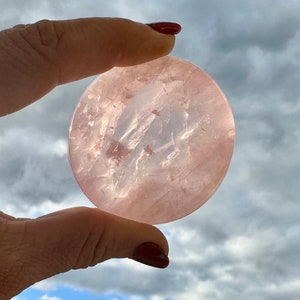 Pink Rose Quartz / Mini Bowl / 2.25&quot; D / Rainbow Flash / Palm Stone / Trinket / Gift for Her / Heart Chakra Healing /Love Romance Friendship