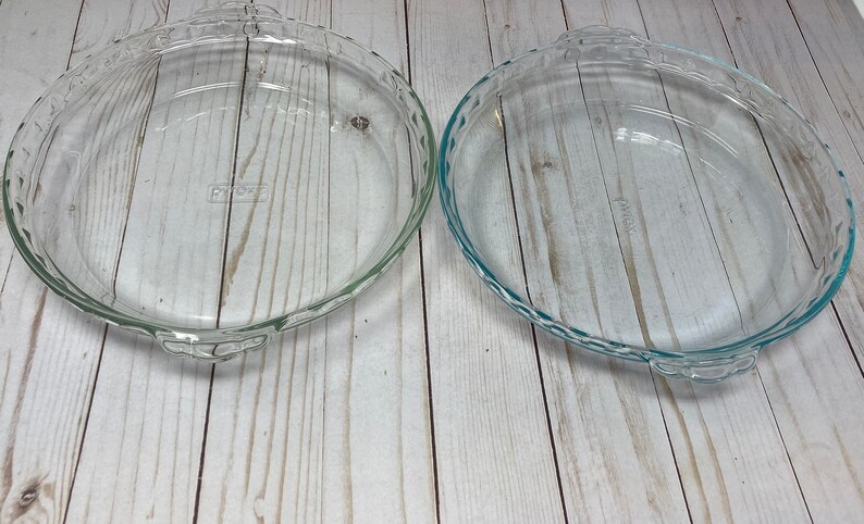 Pyrex Blue Tint Deep Dish Pie Plate Glass Fluted Edge Handles 9.5\u201d Aqua Blue Tint #229 Crimped Edge Large Handles Pie Baking Set #229
