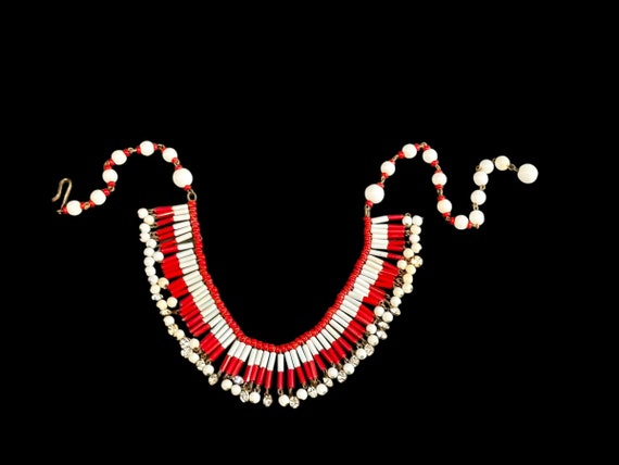 W Germany 1940's Fringe Choker Necklace / White &… - image 1