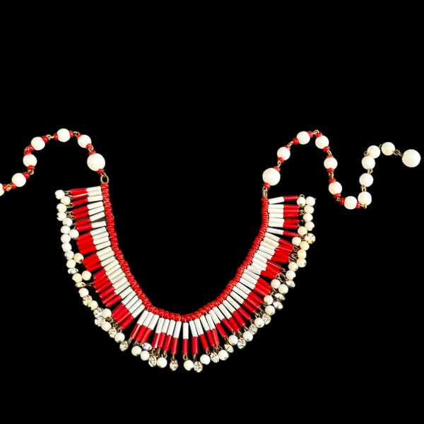 W Germany 1940's Fringe Choker Necklace / White & Red Glass Beaded Tassel Fringe / Rhinestone Baubles / Flapper Girl Jewelry / 13.5 - 15"