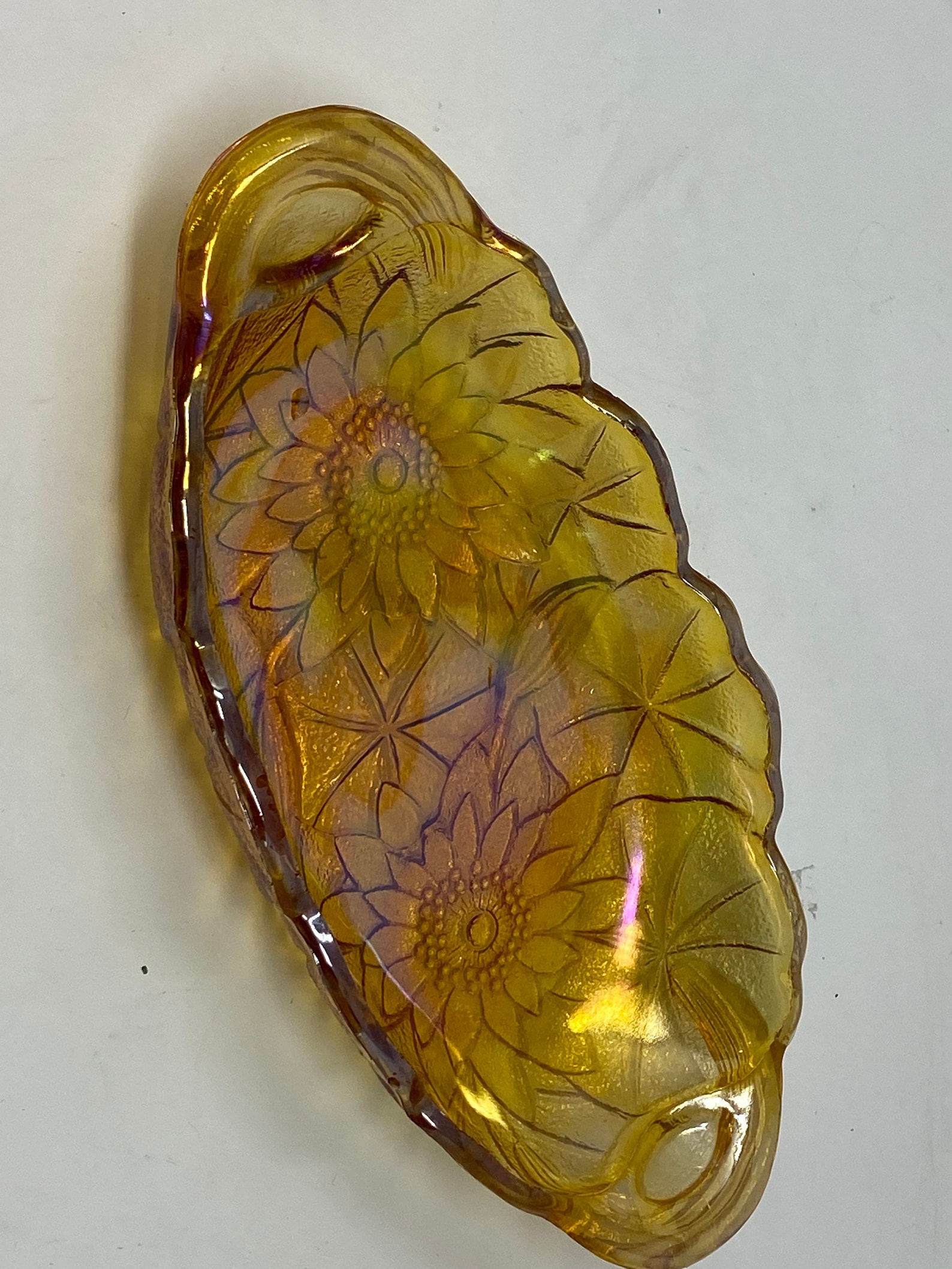 Sunflower Carnival Glass Oval Dish Handled Marigold Embossed Etsy