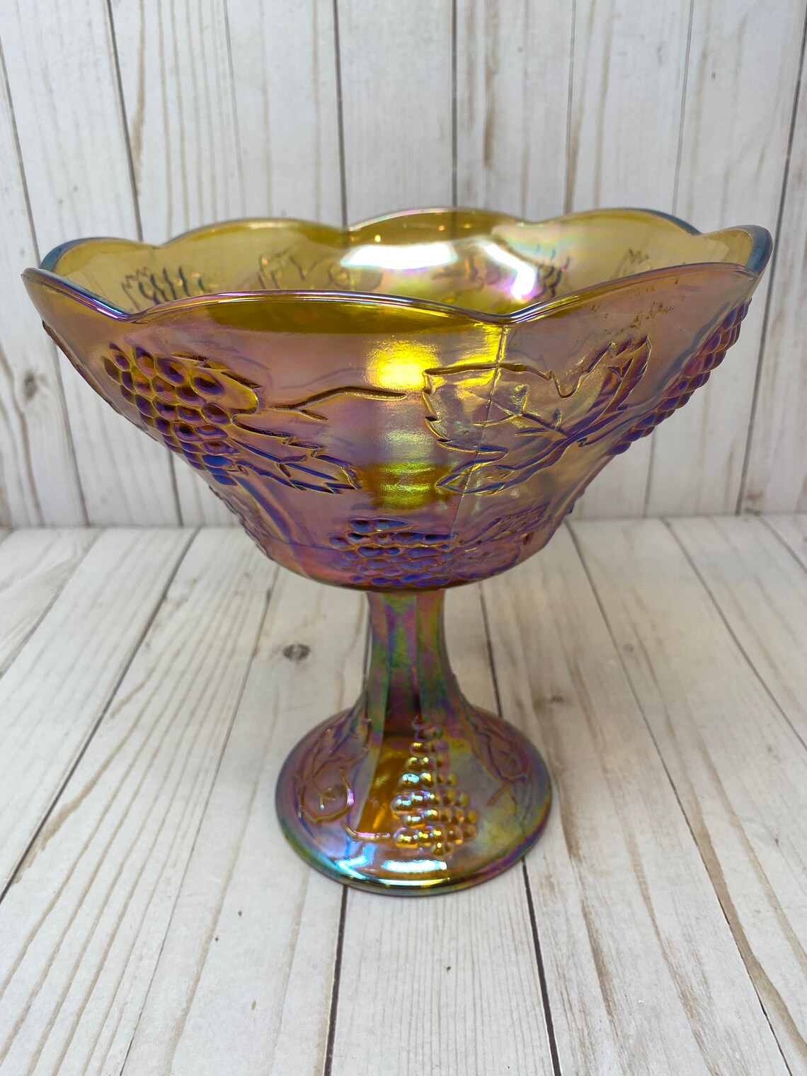 Marigold Orange Carnival Glass Pedestal Bowl Indiana Glass Etsy